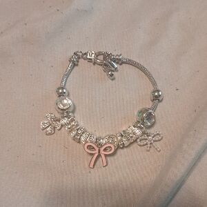 Silver Charm Bracelet with Pink Bow